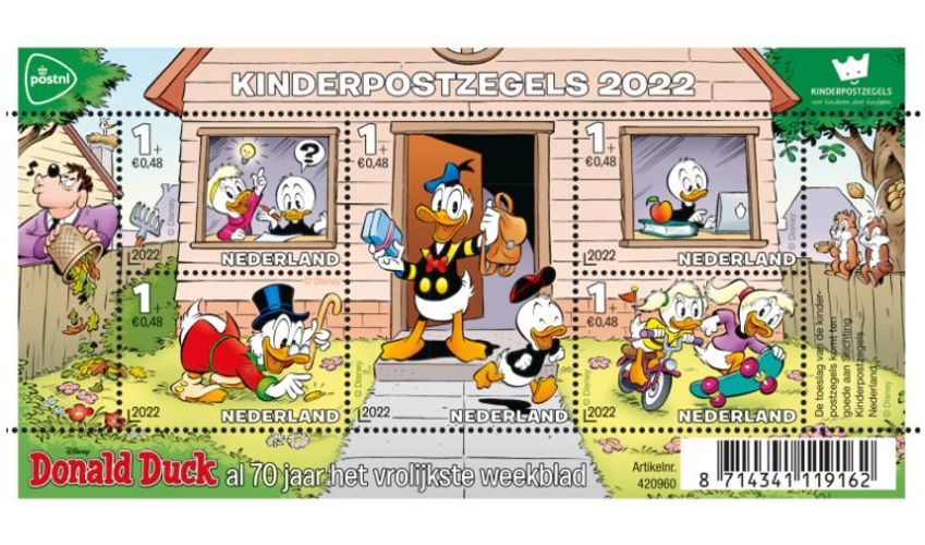 Donald Duck viert 70-jarig Nederlands jubileum op kinderpostzegels 2022