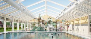 Interieur zwembadaccommodatie met watertoestel