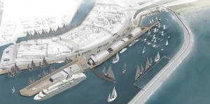 Illustratie van de Nieuwe Willemshaven met achterin de te ontwikkelen jachthaven.