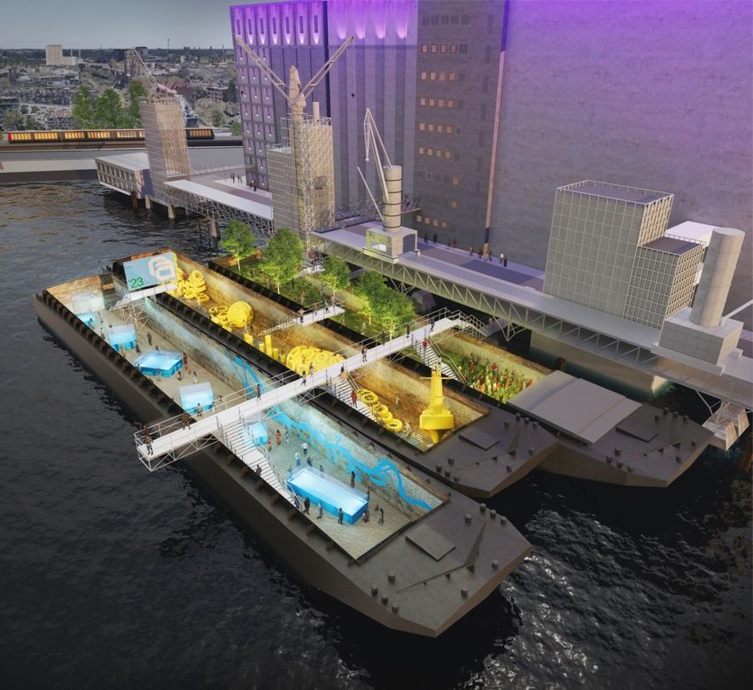 Drijvend festivalhart in de Maashaven tijdens Rotterdam Architectuur Maand 2023